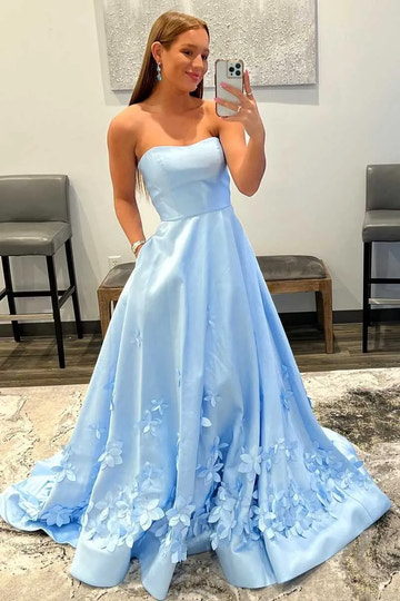 Romantic Sky Blue Strapless 3D Floral Ball Gown with Pockets Prom Gown