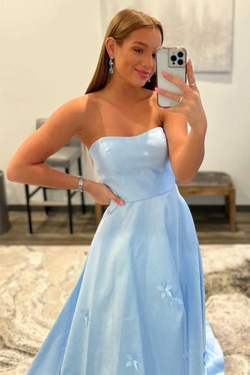 Romantic Sky Blue Strapless 3D Floral Ball Gown with Pockets Prom Gown