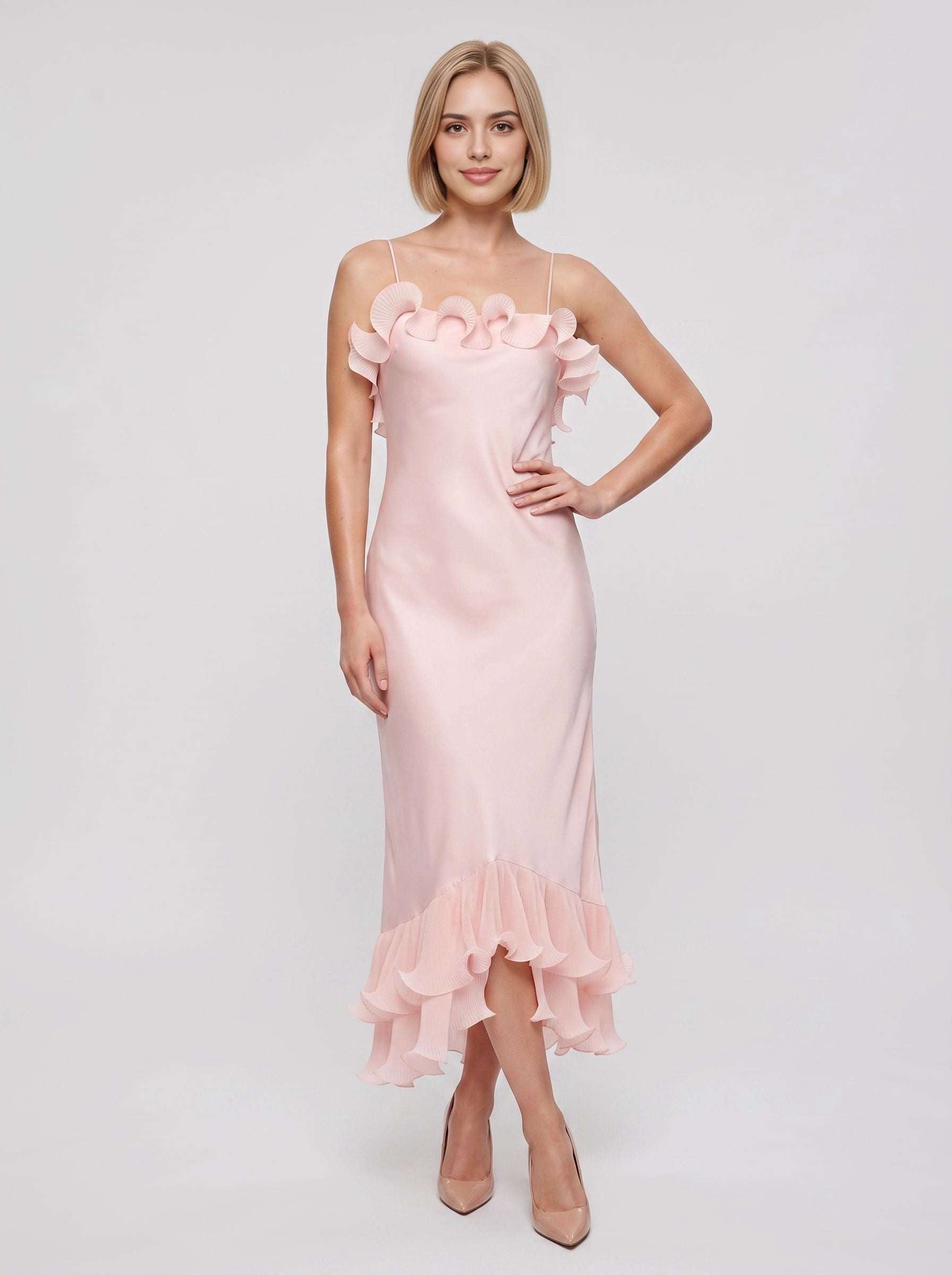Romantic Slip Straight Spaghetti‑Strap Open‑Back Midi‑Length Wedding Guest Dress