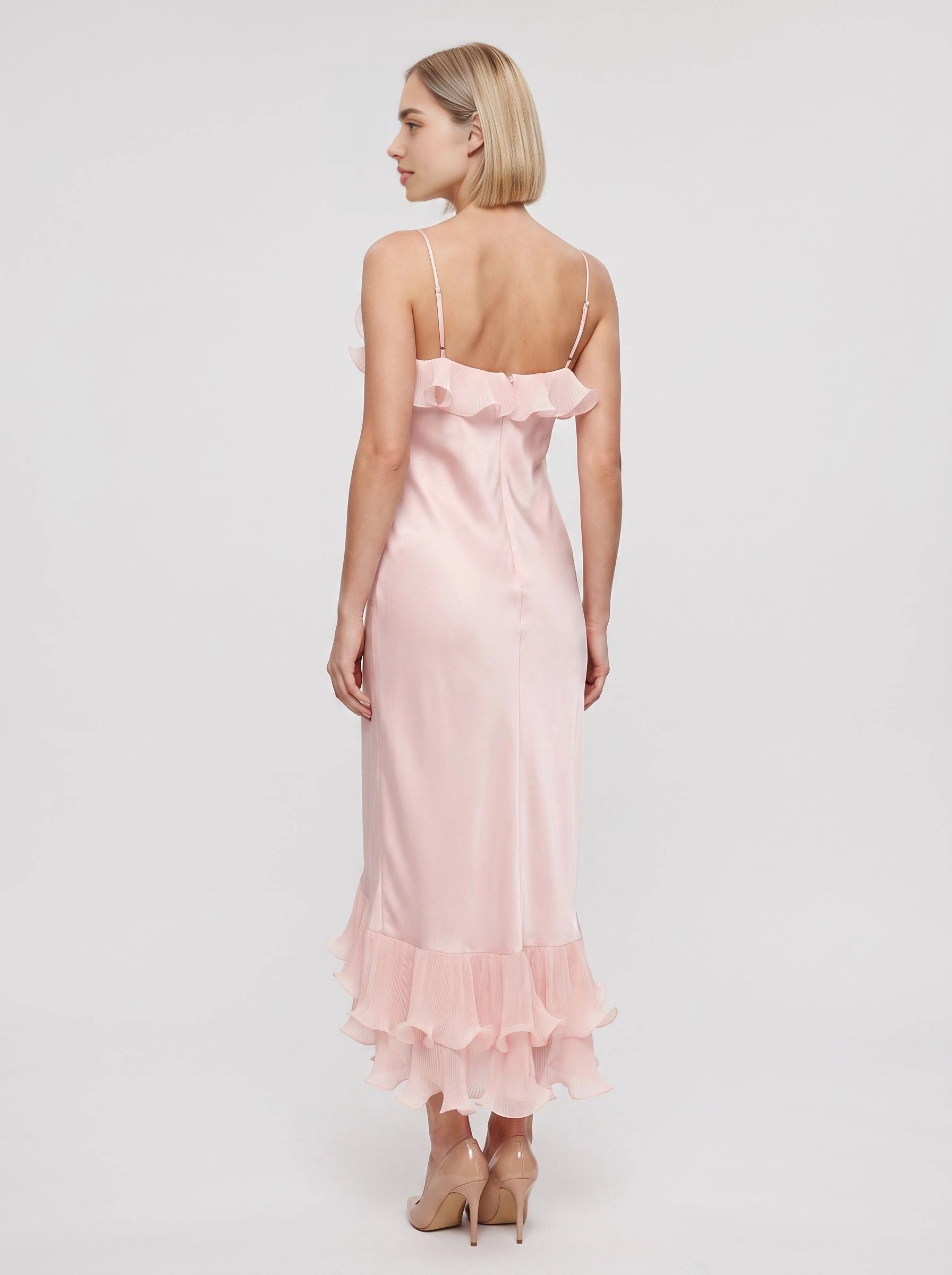 Blush pink satin midi wedding guest dress spaghetti strap pleated ruffle open back formal gown by Vedress