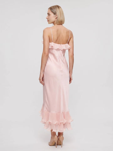 Blush pink satin midi wedding guest dress spaghetti strap pleated ruffle open back formal gown by Vedress