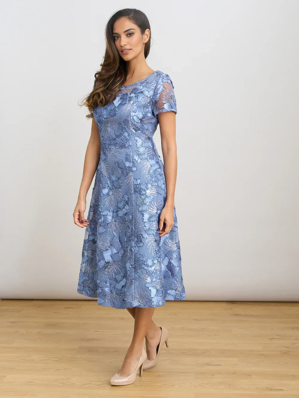 Elegant A-Line Round Neck Midi Dress Sequin Embroidered Mother of the Bride Dress