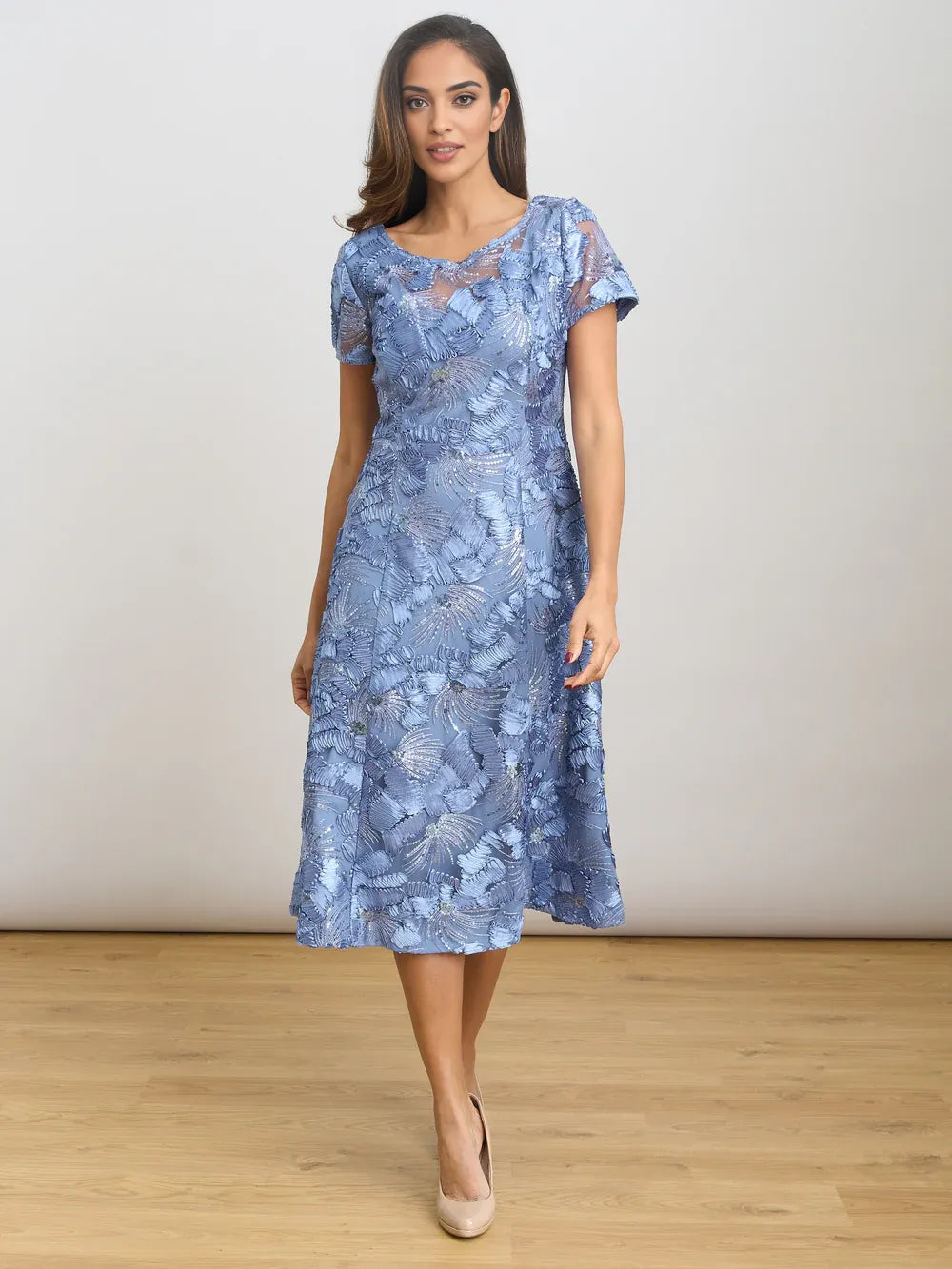 Elegant A-Line Round Neck Midi Dress Sequin Embroidered Mother of the Bride Dress