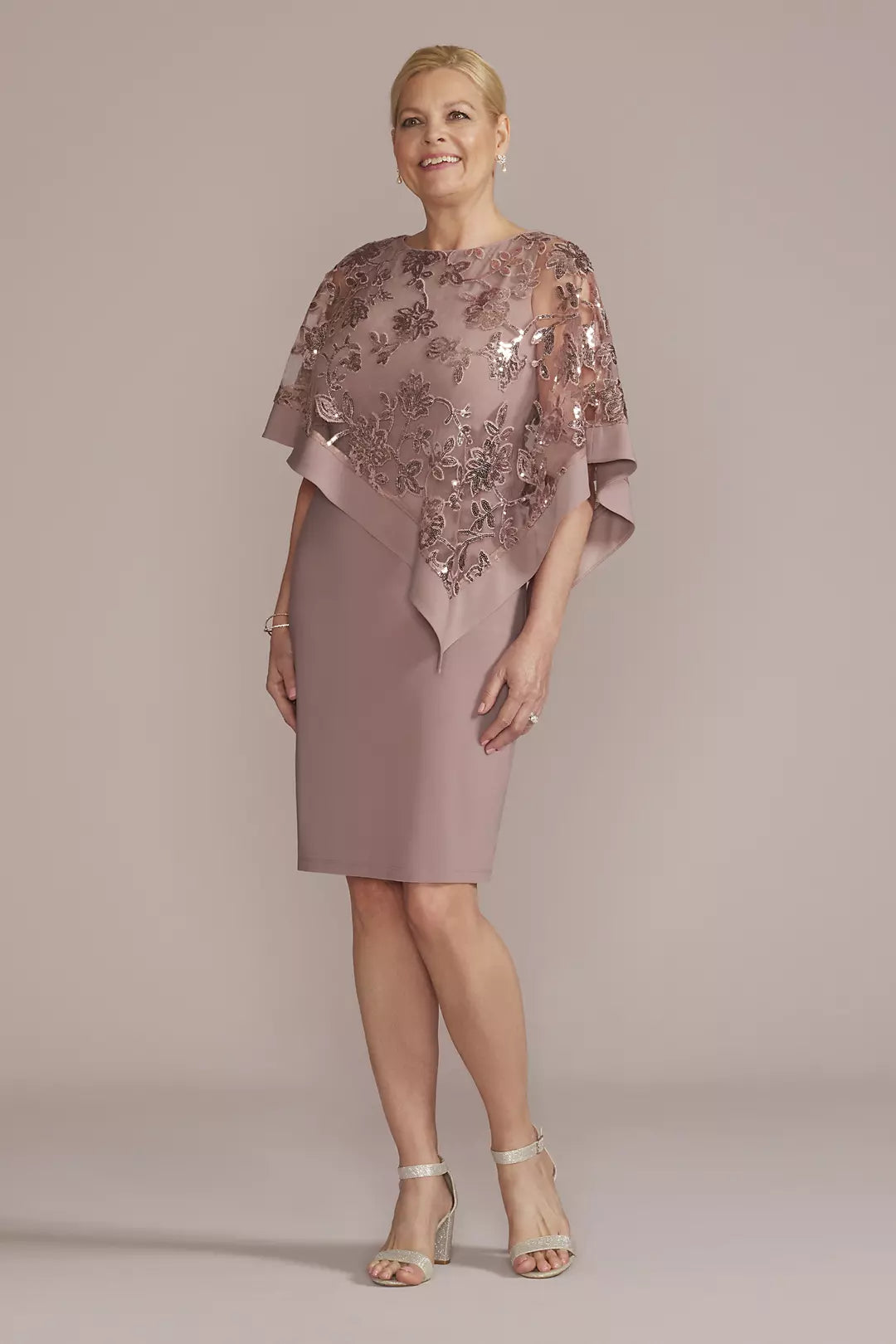 Elegant Round Neck Sequin Lace Knee Length Capelet Mother of the Bride Dress