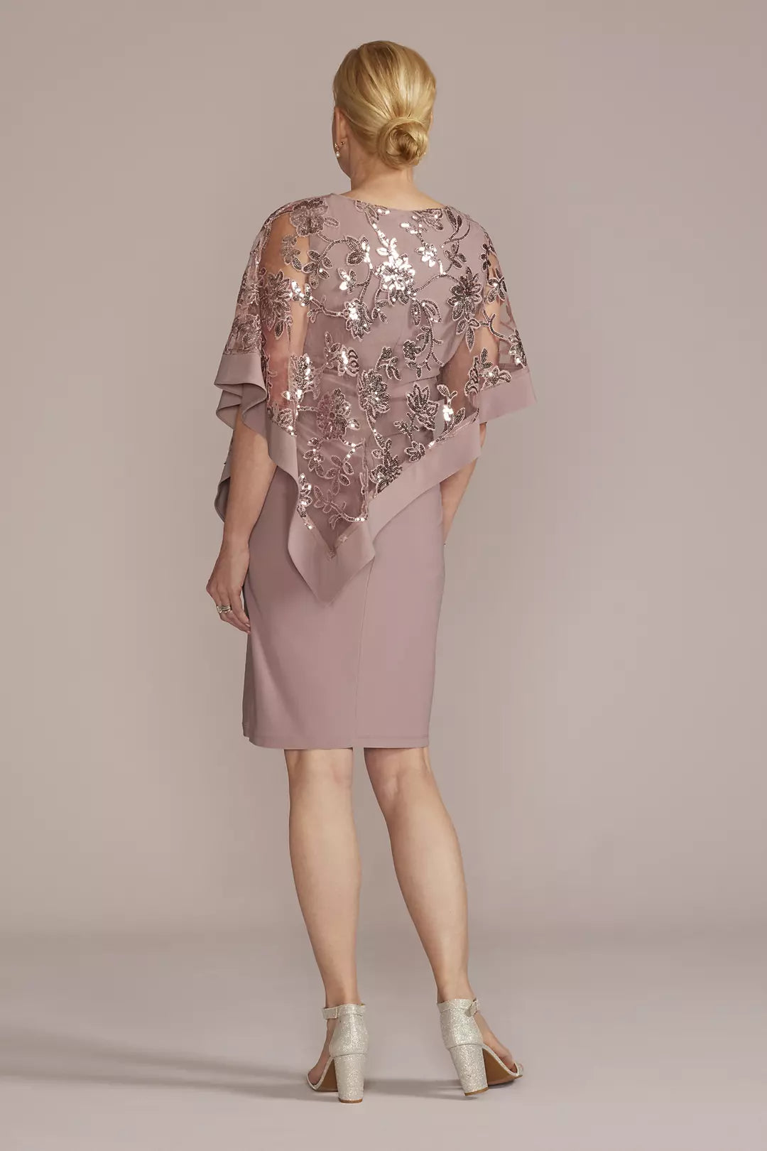 Elegant Round Neck Sequin Lace Knee Length Capelet Mother of the Bride Dress