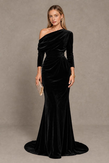 Elegant Royal Blue Mermaid One-Shoulder Long-Sleeve Draped-Back Floor-Length Bridesmaid Dress