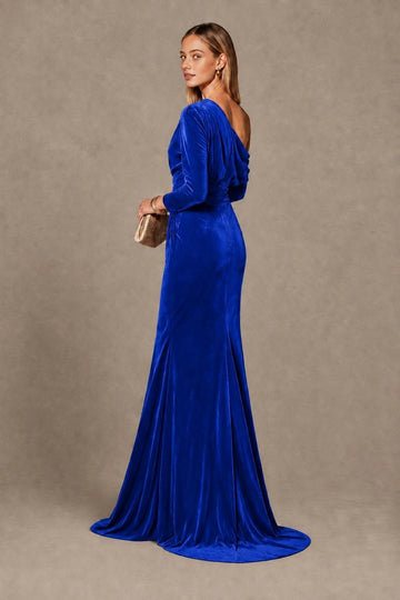Royal blue floor-length bridesmaid dress with asymmetric draped back and long sleeve