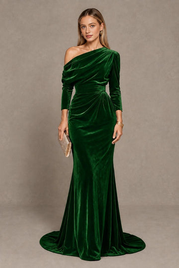 Elegant Royal Blue Mermaid One-Shoulder Long-Sleeve Draped-Back Floor-Length Bridesmaid Dress