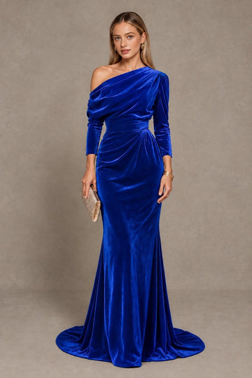 Royal blue one-shoulder long-sleeve velvet bridesmaid dress with mermaid silhouette