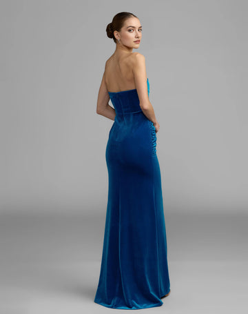Royal blue strapless evening dress with center zipper back and fitted floor length column silhouette back view