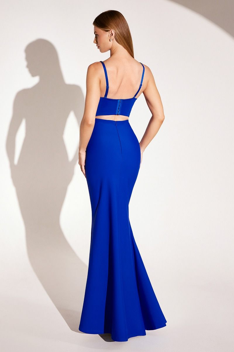 Vestido de noche sirena con corpiño de cuentas azul real - Vestido de fiesta formal con tirantes finos y escote en V pronunciado