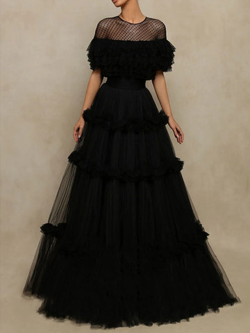Vestido de fiesta con cuello ilusión de línea A/Princesa de tul escalonado con volantes de lunares en capas