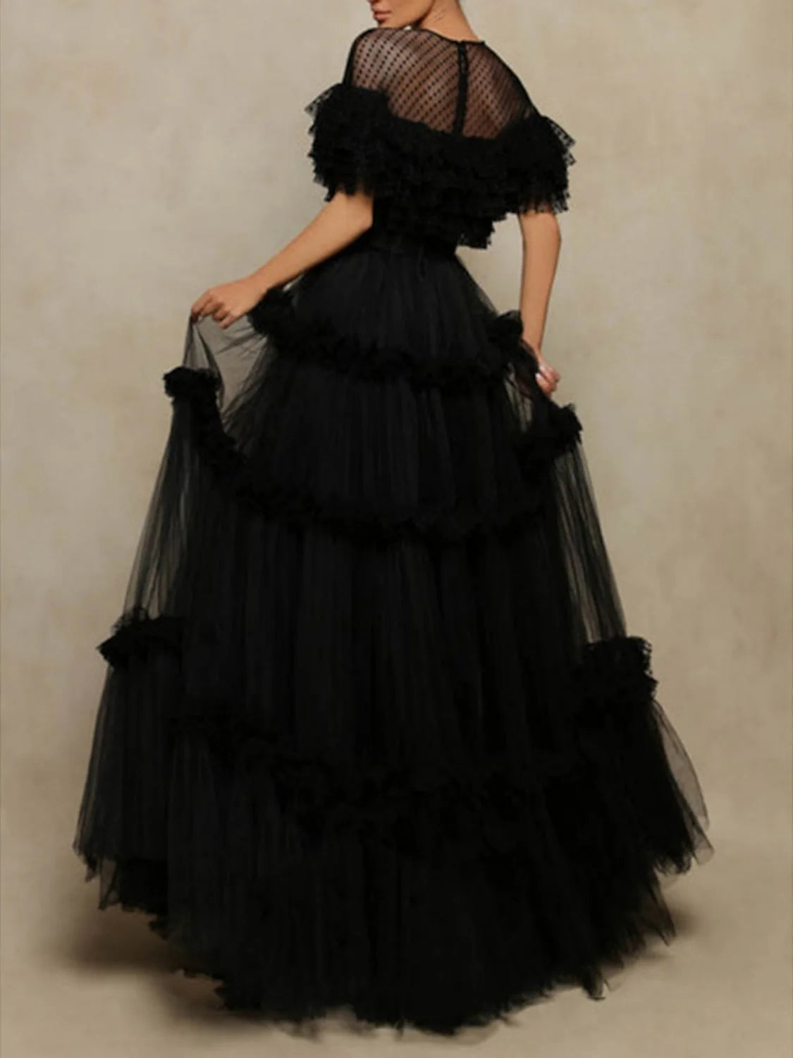 Vestido de fiesta con cuello ilusión de línea A/Princesa de tul escalonado con volantes de lunares en capas