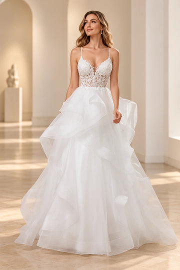 Romantic Tulle A-Line V-Neck Sleeveless Cross-Back Floor-Length Ruffled Wedding Dress