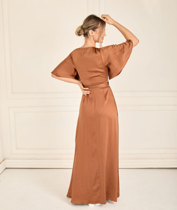 Elegant V-Neck Wrap Dress with Cape Sleeves High Slit Gown Bridesmaid Dresses Asymmetric Hem