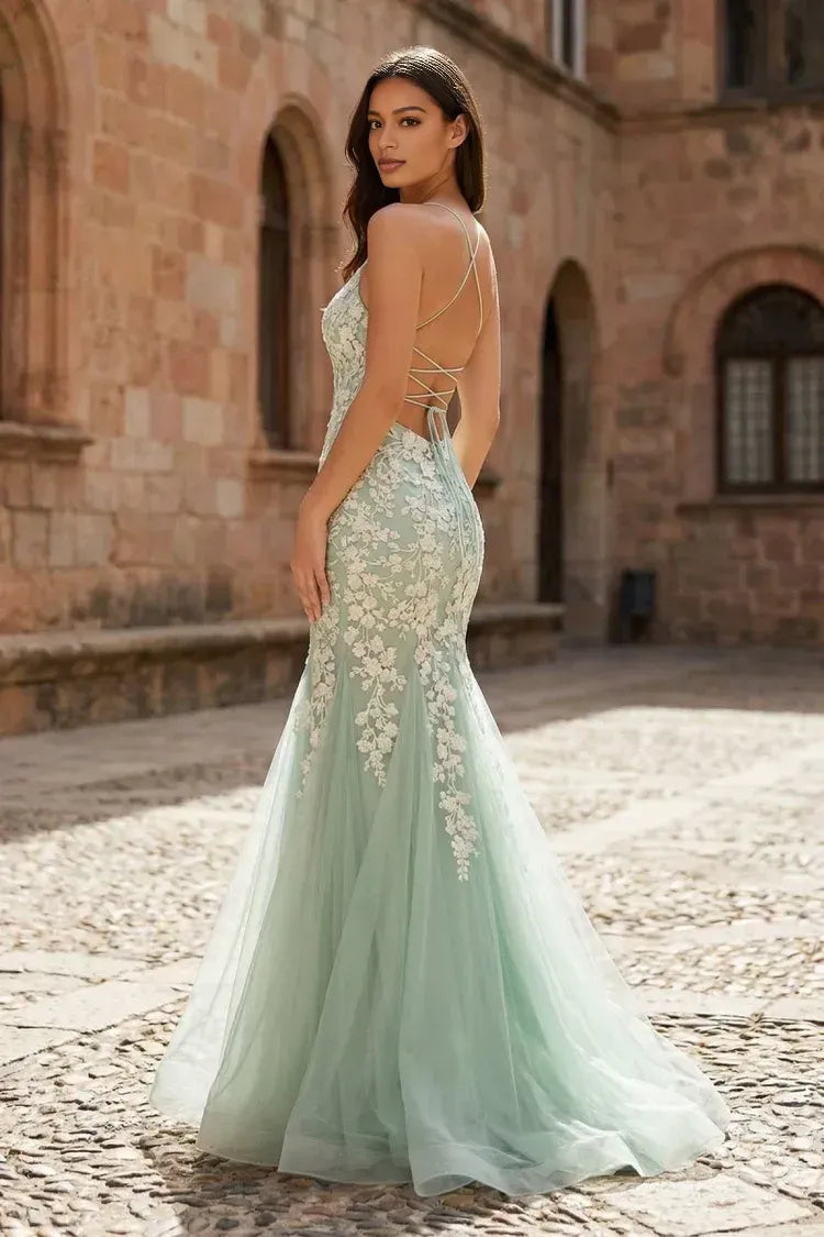 Mermaid Spaghetti Strap Floor Length Prom Dress With Appliques