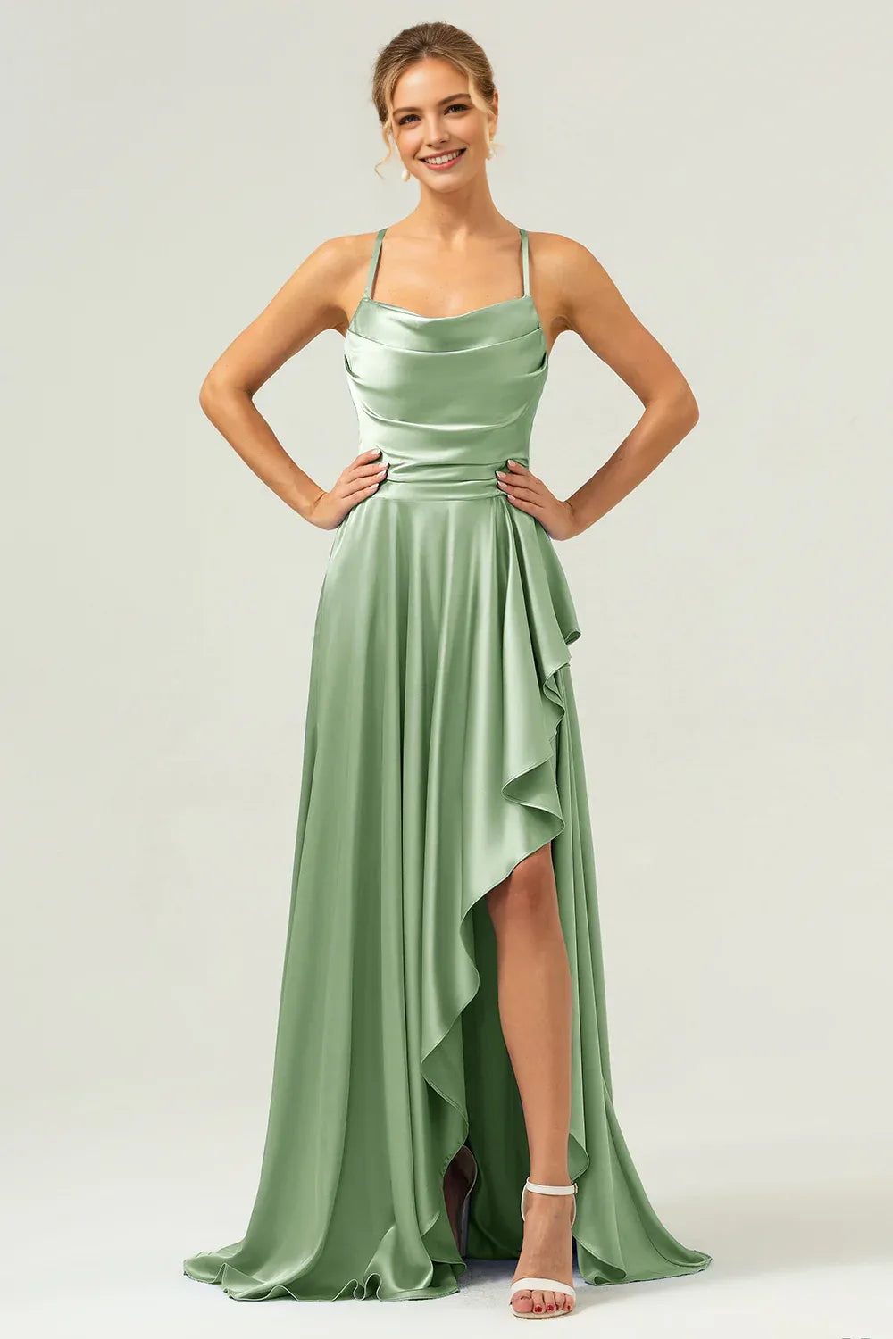 Graceful A-Line Cowl Neck Sleeveless Satin Ruffle Wedding Guest Dress High-Slit Evening Gown