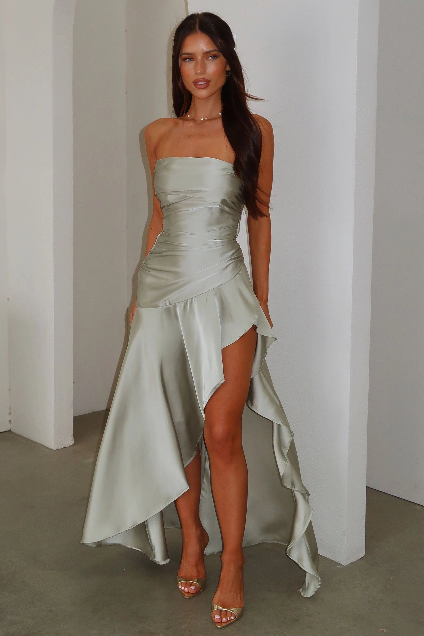 Chic A‑Line Strapless Tube Lace‑Up‑Back High‑Slit Asymmetrical Bridesmaid Prom Dress