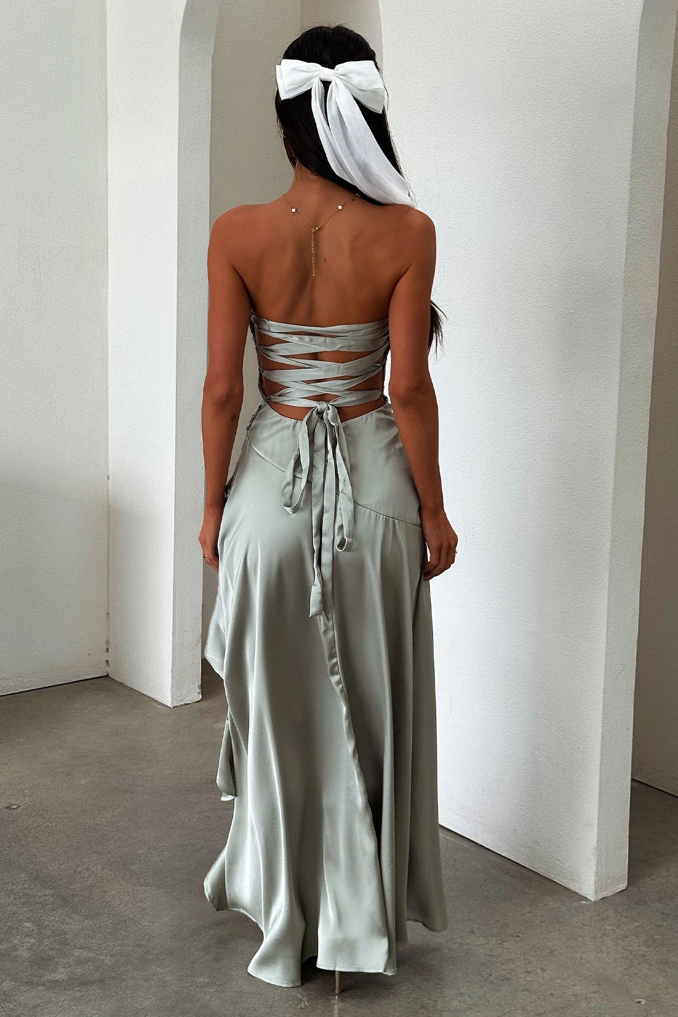 Chic A‑Line Strapless Tube Lace‑Up‑Back High‑Slit Asymmetrical Bridesmaid Prom Dress