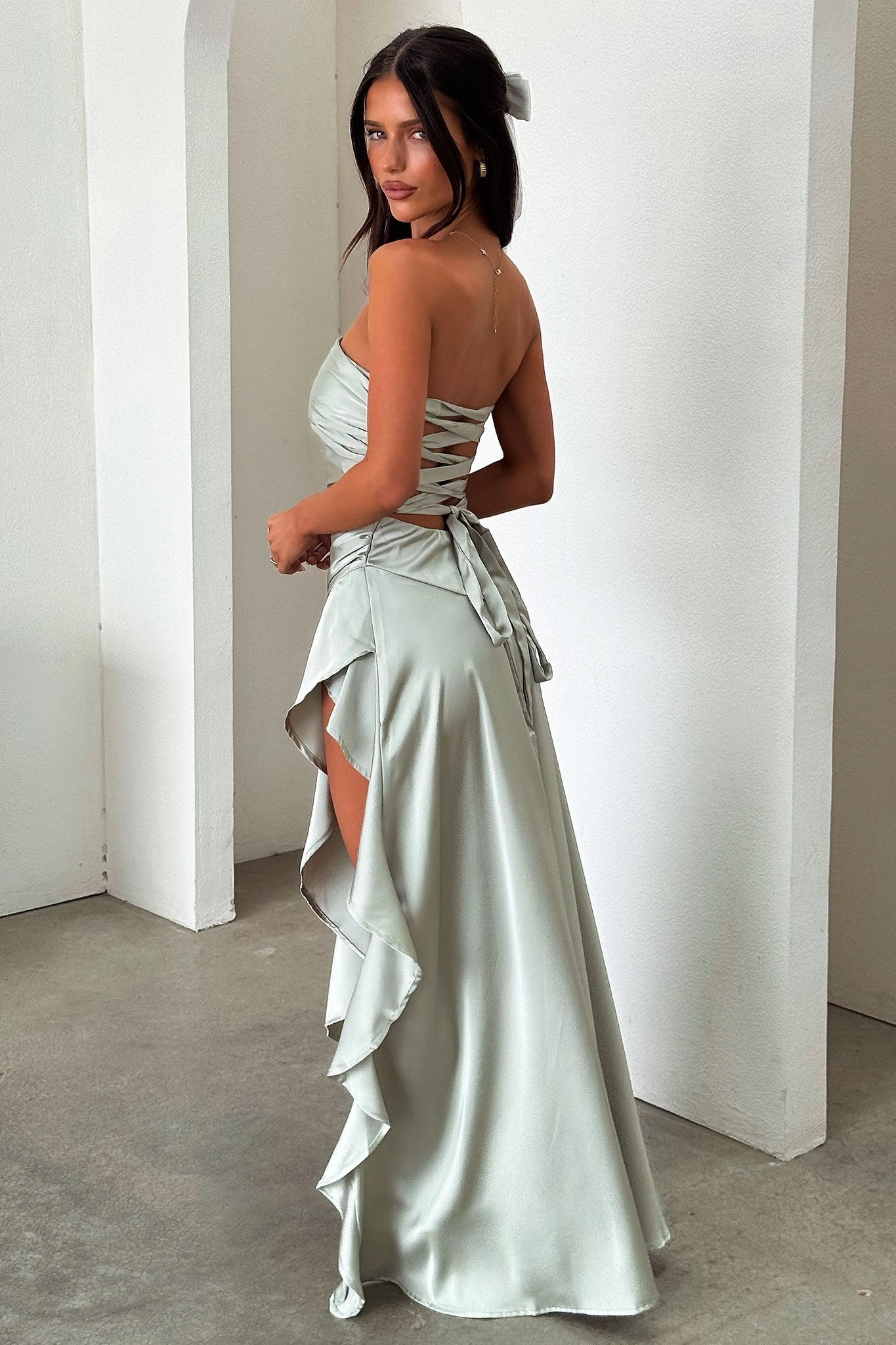 Chic A‑Line Strapless Tube Lace‑Up‑Back High‑Slit Asymmetrical Bridesmaid Prom Dress