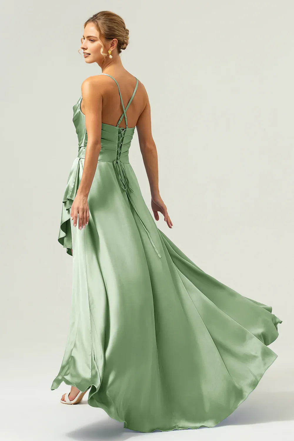 Graceful A-Line Cowl Neck Sleeveless Satin Ruffle Wedding Guest Dress High-Slit Evening Gown