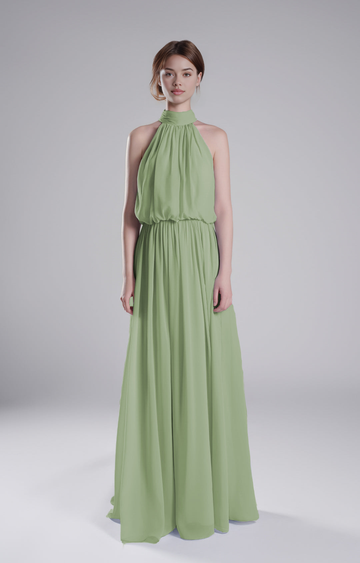 Elegant Halter Neck Pleated Flowing A-Line Sleeveless Open Back Floor-Length Bridesmaid Dresses