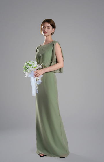 Elegant Sheath Boat Neck Flutter Sleeve Open Back Floor-Length Bridesmaid Wedding Guest Dresses