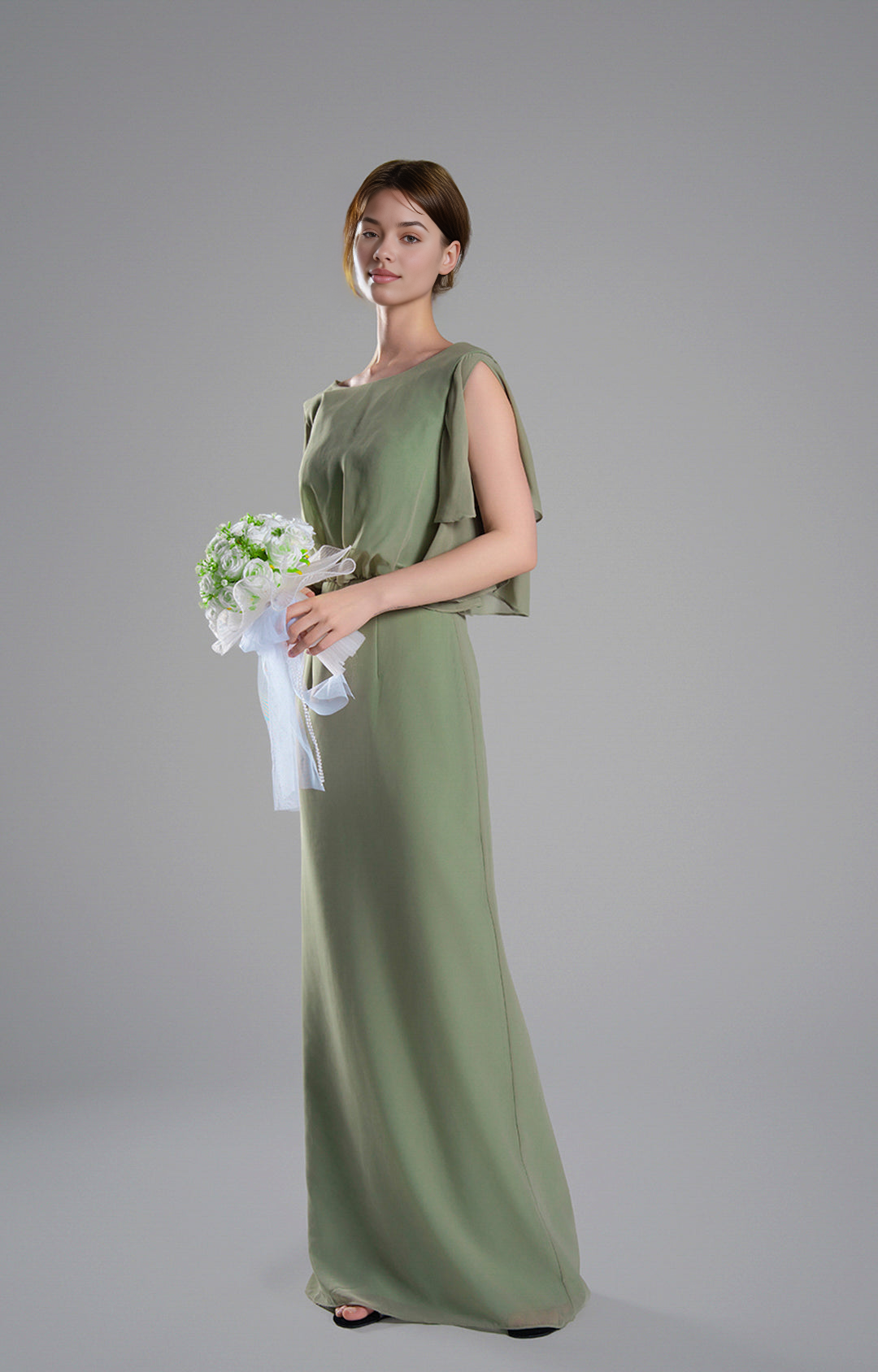 Elegant Sheath Boat Neck Flutter Sleeve Open Back Floor-Length Bridesmaid Wedding Guest Dresses