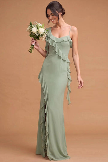 Sage green sheath bridesmaid dress with asymmetric ruffle neckline, spaghetti strap, fitted waist, cascading ruffles, and floor-length skirt by Vedress.