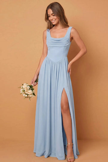 Romantic A Line Cowl Neck Sleeveless Draped Back Floor Length Bridesmaid Dress