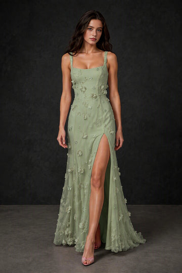 Sage green square neck prom dress with 3D floral appliqués, butterfly details and high slit