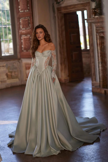 Sage green off-the-shoulder prom dress with lace long sleeves and full ball gown skirt