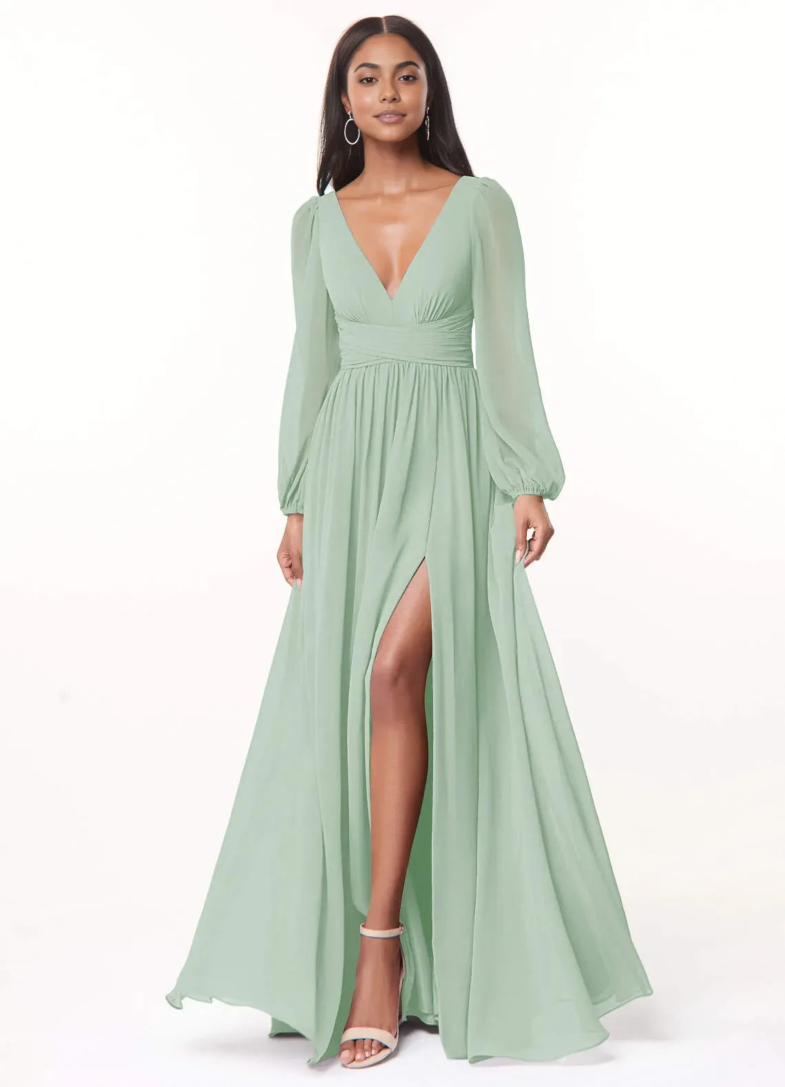 A-Line/Princess Chiffon Plunging Neck Long Sleeves Bridesmaid Dresses Wedding Guest Dresses With Slit