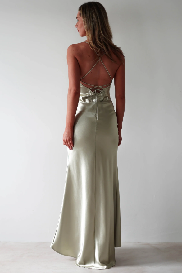 Elegant Soft Satin Slit Maxi Dress with Spaghetti Straps Party Wedding Guest Dresses With Mermaid Square Neck