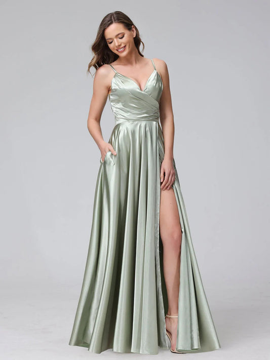 A-Line/Princess V-Neck Sleeveless Ankle-Length Silk Satin Formal Prom Bridemaid Dresses with Pockets & Split Side