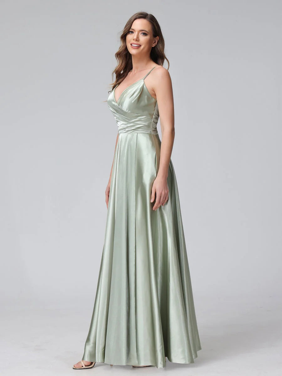 Vestidos de fiesta/damas de honor formales de seda satinada, corte A/Princesa, cuello en V, sin mangas, hasta el tobillo, con bolsillos y abertura lateral