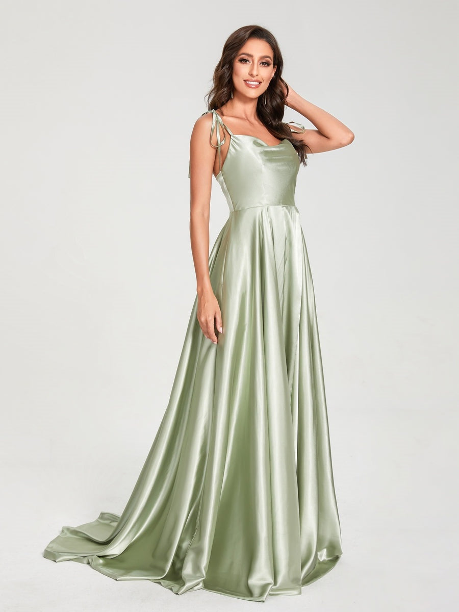 A-Line/Princess Spaghetti Straps Sleeveless Formal Evening Gown Floor-Length Bridemaid Dresses with Split Side