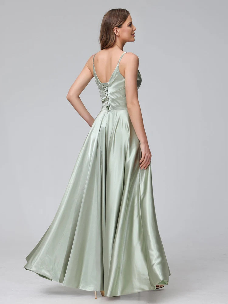 Vestidos de fiesta/damas de honor formales de seda satinada, corte A/Princesa, cuello en V, sin mangas, hasta el tobillo, con bolsillos y abertura lateral