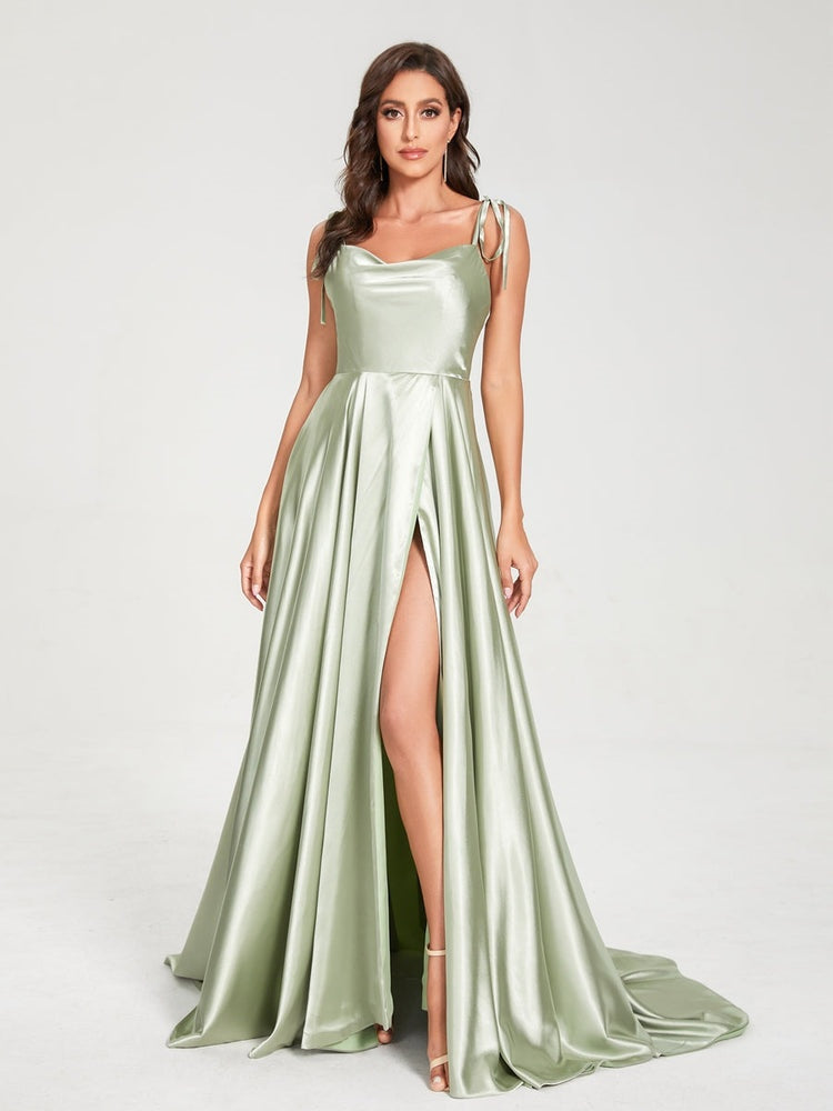 A-Line/Princess Spaghetti Straps Sleeveless Formal Evening Gown Floor-Length Bridemaid Dresses with Split Side