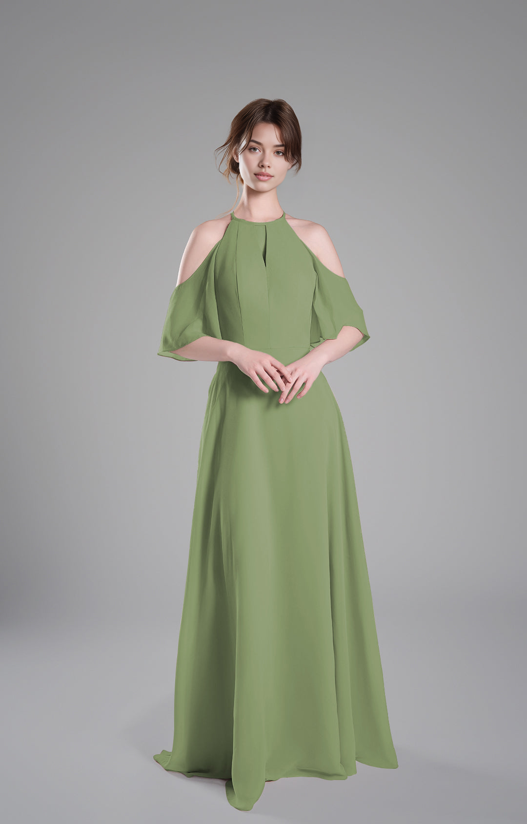 Elegant A-Line Halter Cold Shoulder Short Sleeve Open Back Chiffon Floor-Length Bridesmaid Dresses