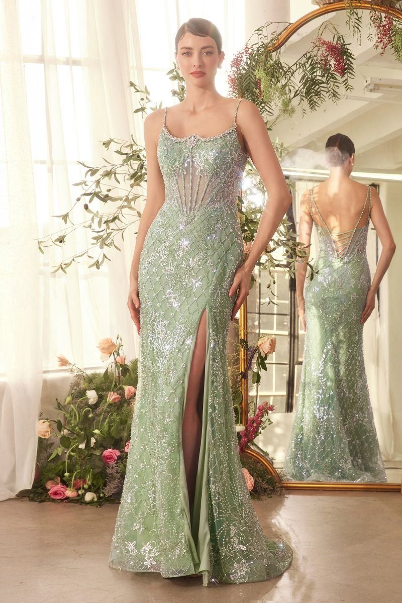 Light Blue Beaded Spaghetti Strap Mermaid Gown with High Slit - Glamorous Formal Evening Dress