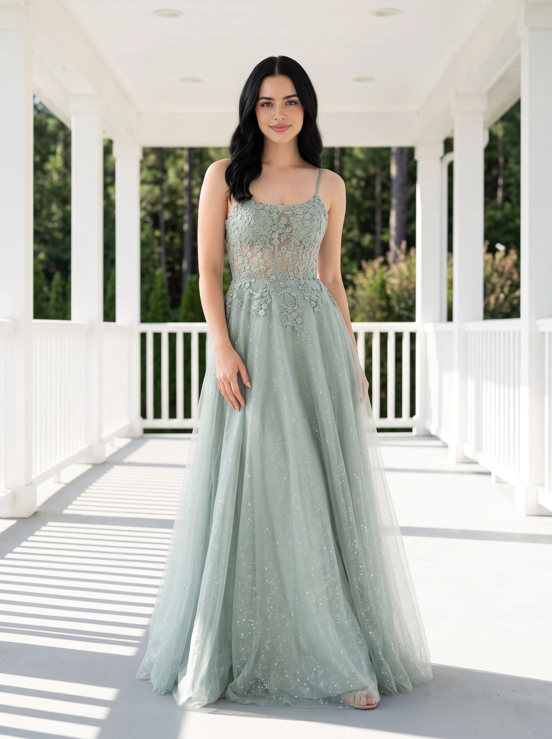 Sage green floor‑length A‑line prom dress spaghetti straps sheer floral lace applique bodice criss‑cross lace‑up open back sparkling glitter tulle skirt bridesmaid gown by Vedress