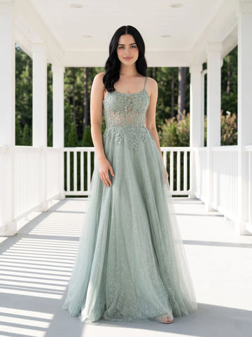 Sage green floor‑length A‑line prom dress spaghetti straps sheer floral lace applique bodice criss‑cross lace‑up open back sparkling glitter tulle skirt bridesmaid gown by Vedress