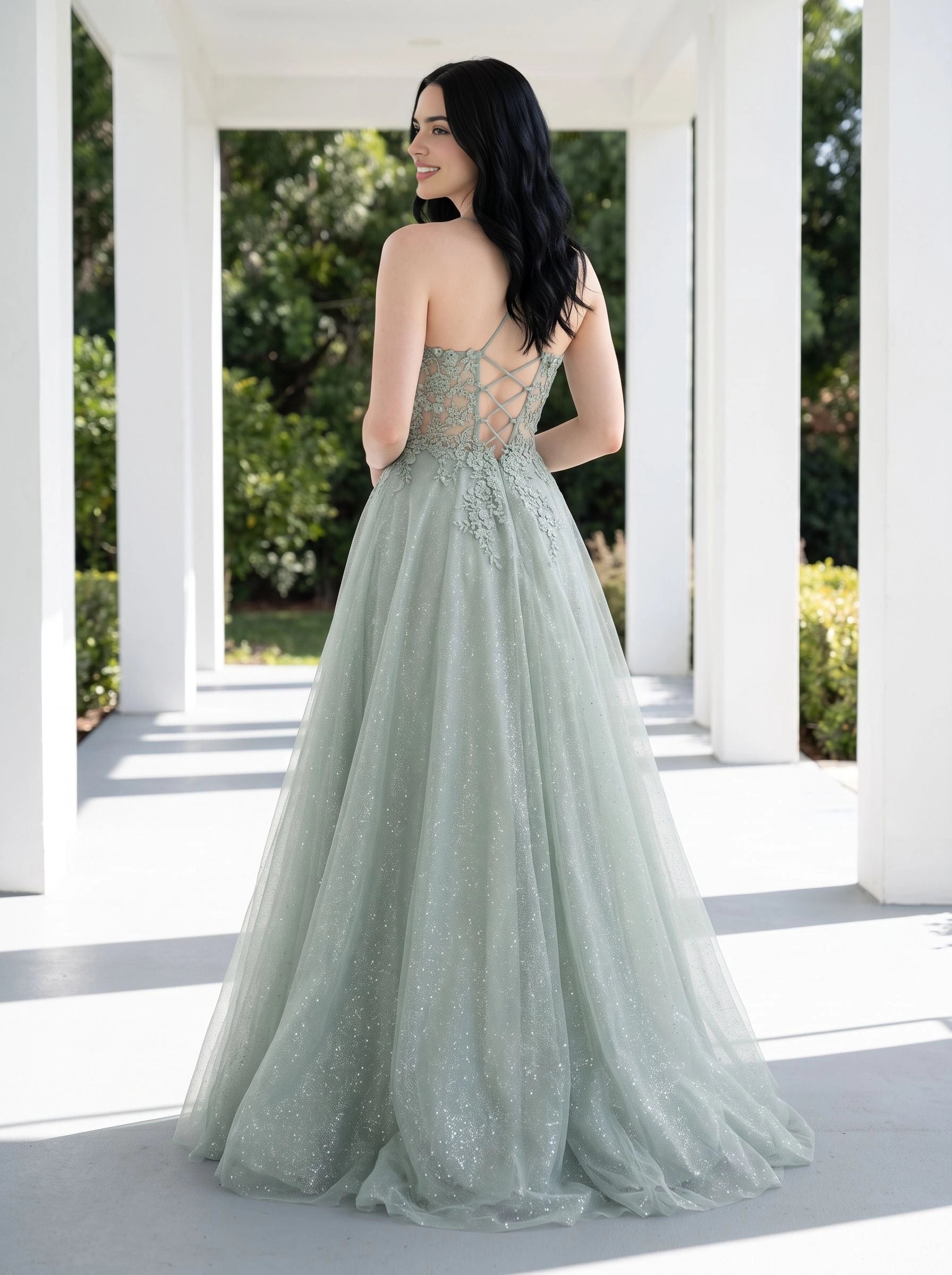 Sage green floor‑length A‑line prom dress spaghetti straps sheer floral lace applique bodice criss‑cross lace‑up open back sparkling glitter tulle skirt bridesmaid gown by Vedress