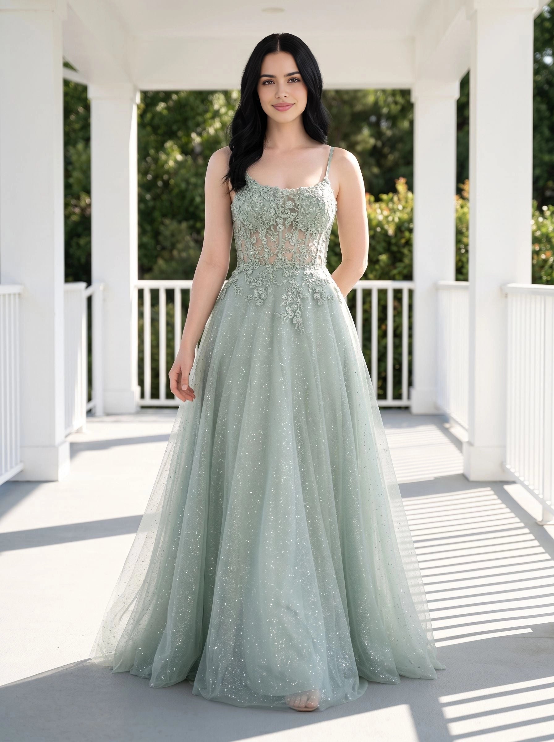 Sage‑Green A‑Line Spaghetti‑Strap Lace‑Up‑Back Glitter Tulle Long Prom Dress