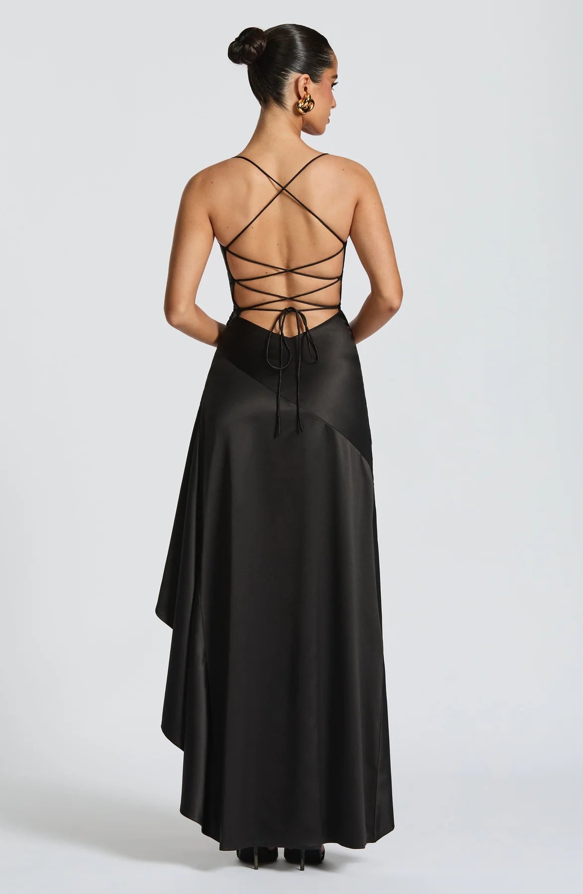 Fitted Cowl Neck Sleeveless Satin Maxi High Slit Lace Up Evening Gown