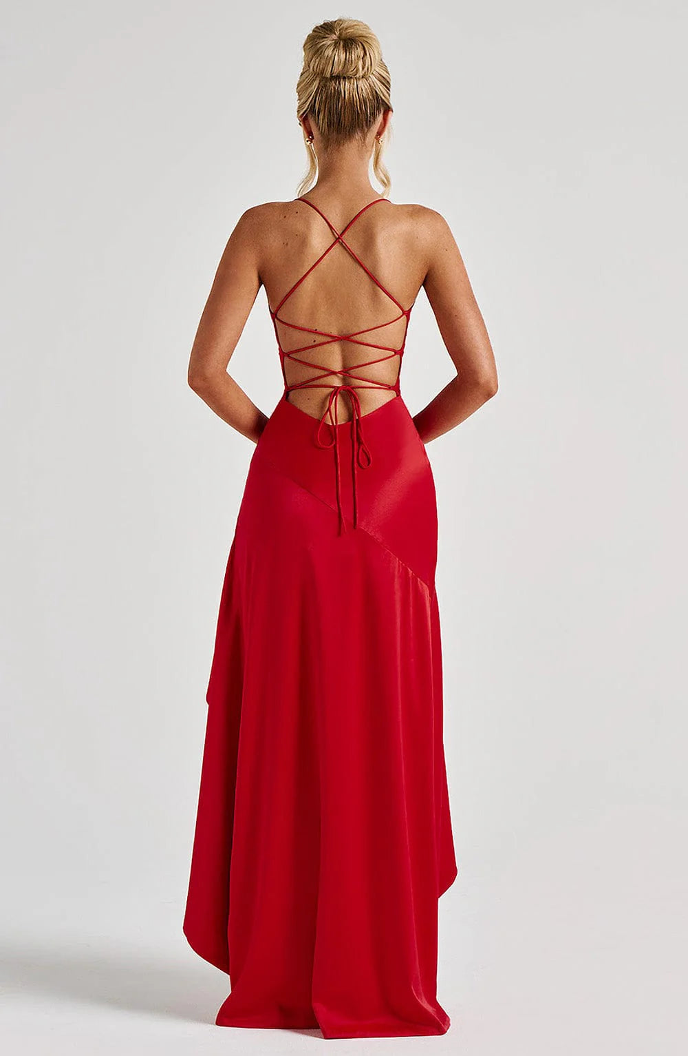 Fitted Cowl Neck Sleeveless Satin Maxi High Slit Lace Up Evening Gown