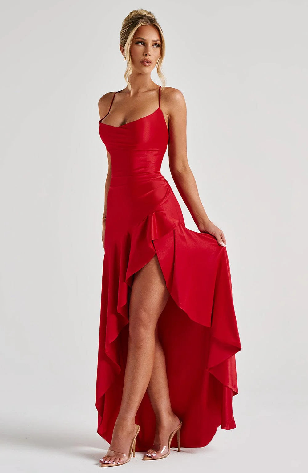 Fitted Cowl Neck Sleeveless Satin Maxi High Slit Lace Up Evening Gown