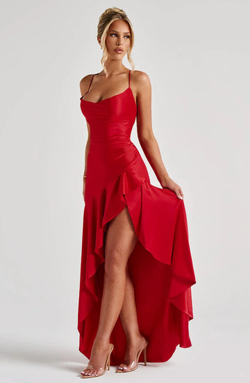 Fitted Cowl Neck Sleeveless Satin Maxi High Slit Lace Up Evening Gown