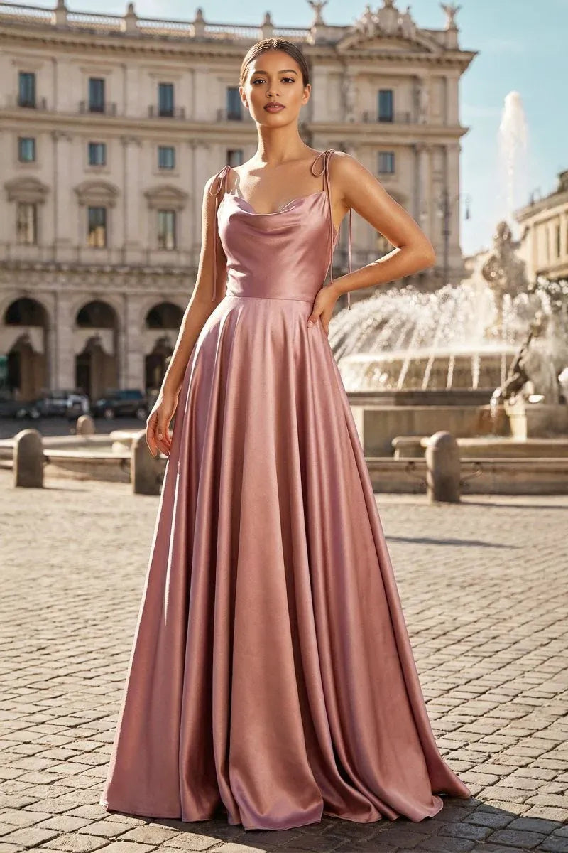 Vestido de noche formal de satén con cuello vuelto, tirantes y corte en A hasta el suelo